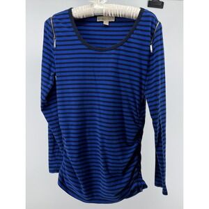 Michael Kors Striped Top Blue Black Zip Shoulder Stretch Slim Rouched Sides Chic